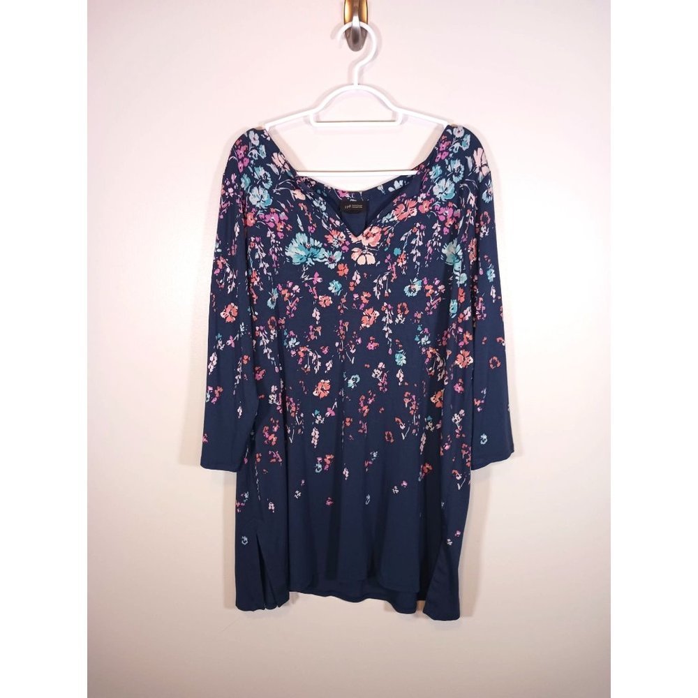 J. Jill Navy Floral Tunic with Pink and Teal Flowers